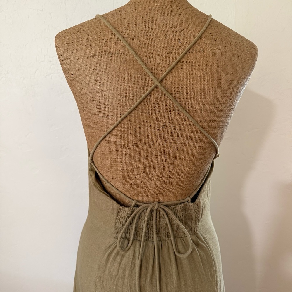 Free People button front midi dress linen cotton blend backless straps taupe XS‌ - Picture 5 of 10